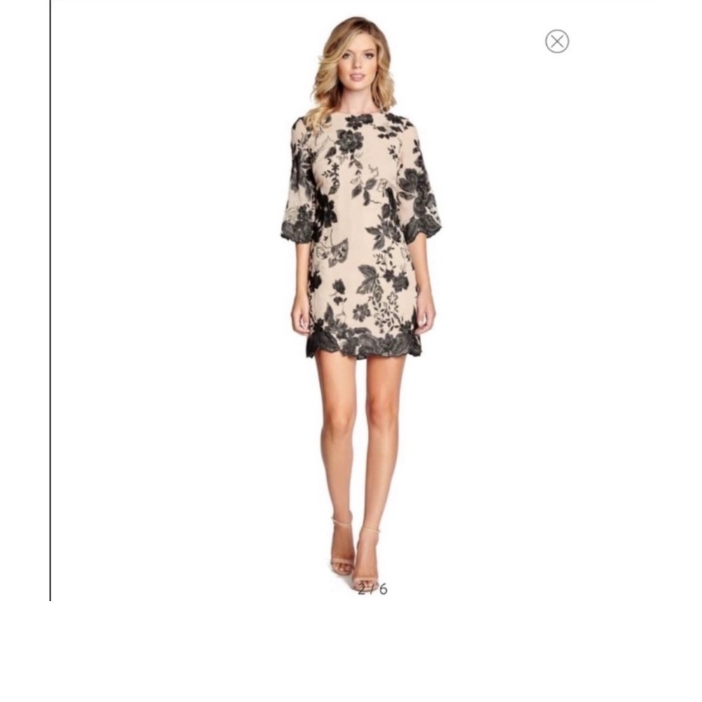Dress the Population Emery Floral Embroidered Bell Sleeve Mini Dress L Champagne